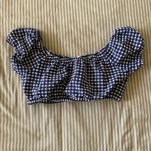 J Crew Puffed Sleeve Navy Gingham Seersucker Bathing Suit Top- S/M
